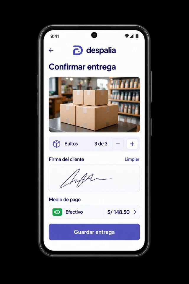 Vista ilustrativa del registro de entrega, bultos y cobro en Despalia